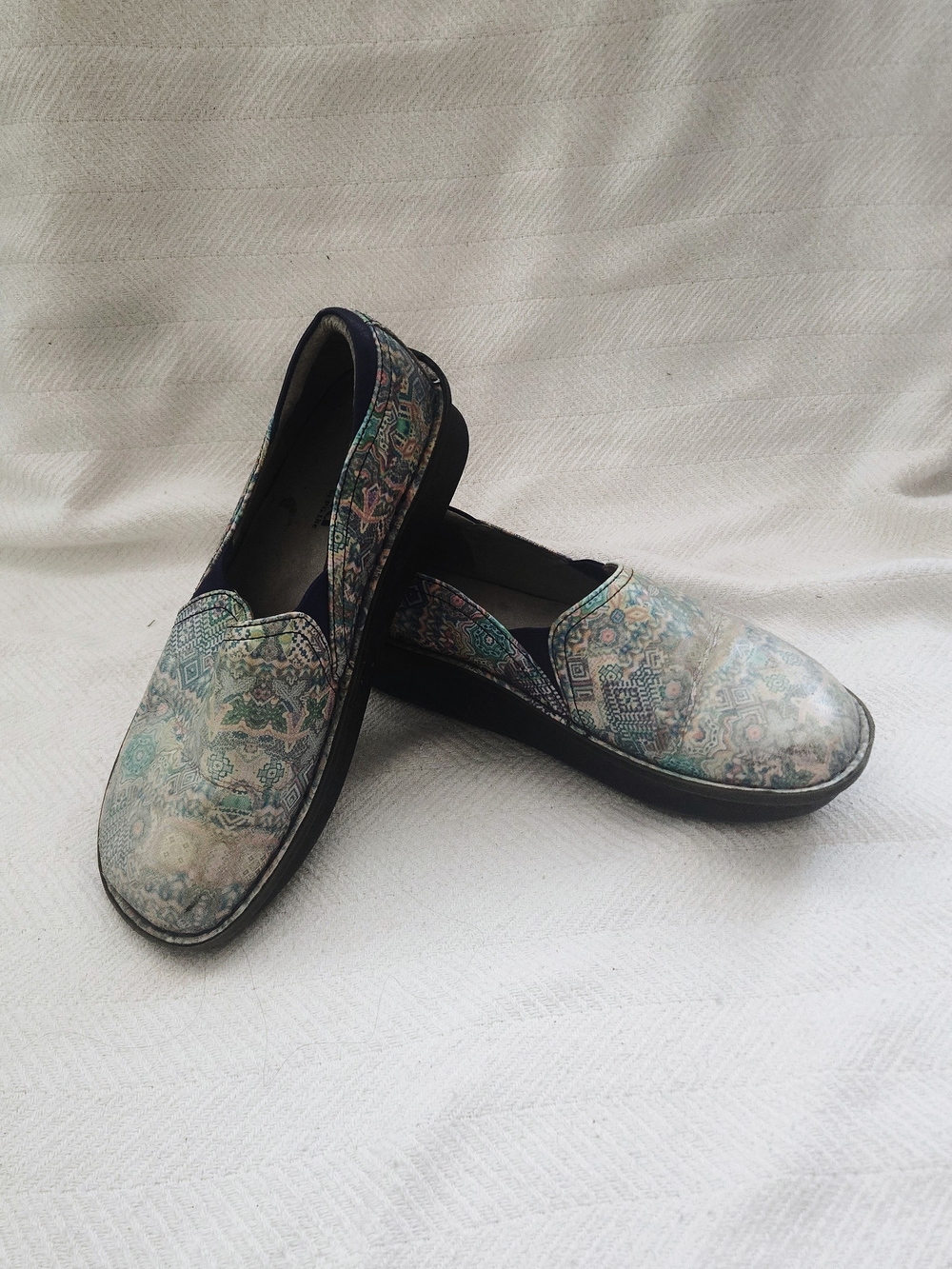 Alegria Teal Multi Slip-On Quilted Pattern Flats